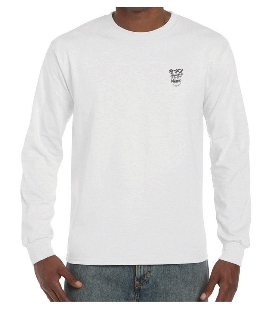 Ramen Dayo! Long Sleeve White T-shirt - Black Embroidered