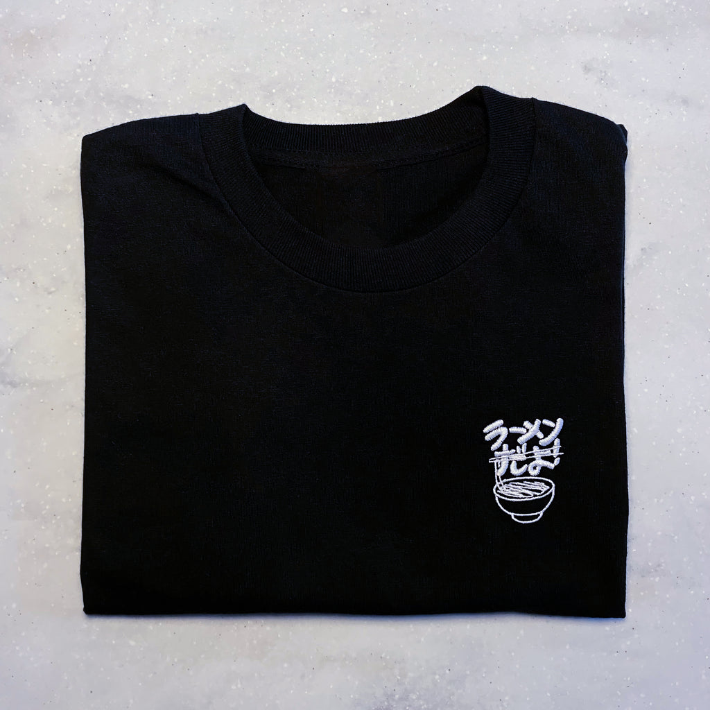 Ramen Dayo! Long Sleeve Black T-shirt - White Embroidered